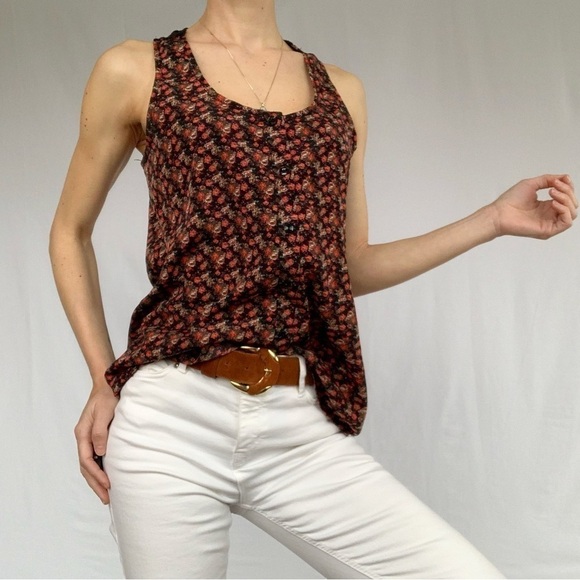 Limité floral roses criss cross back tank top fits S black and red woman - Picture 10 of 16
